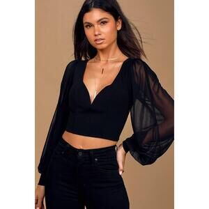 Lulus Starting The Party Black Mesh Balloon Sleeve Backless Crop Top - Size S